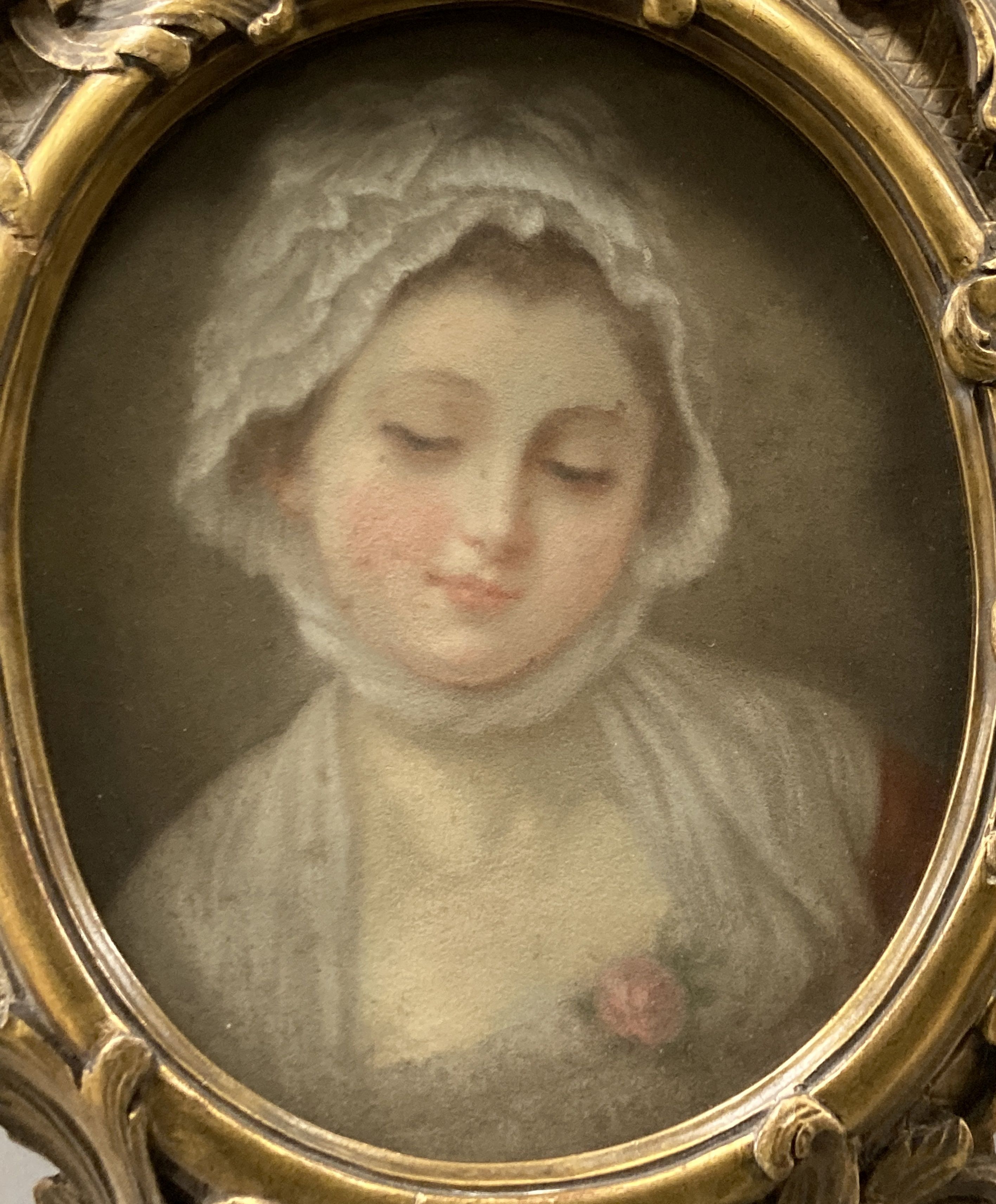 After Greuze, pastel, LAccorde de Village, 20 x 16cm, ornate gilt frame